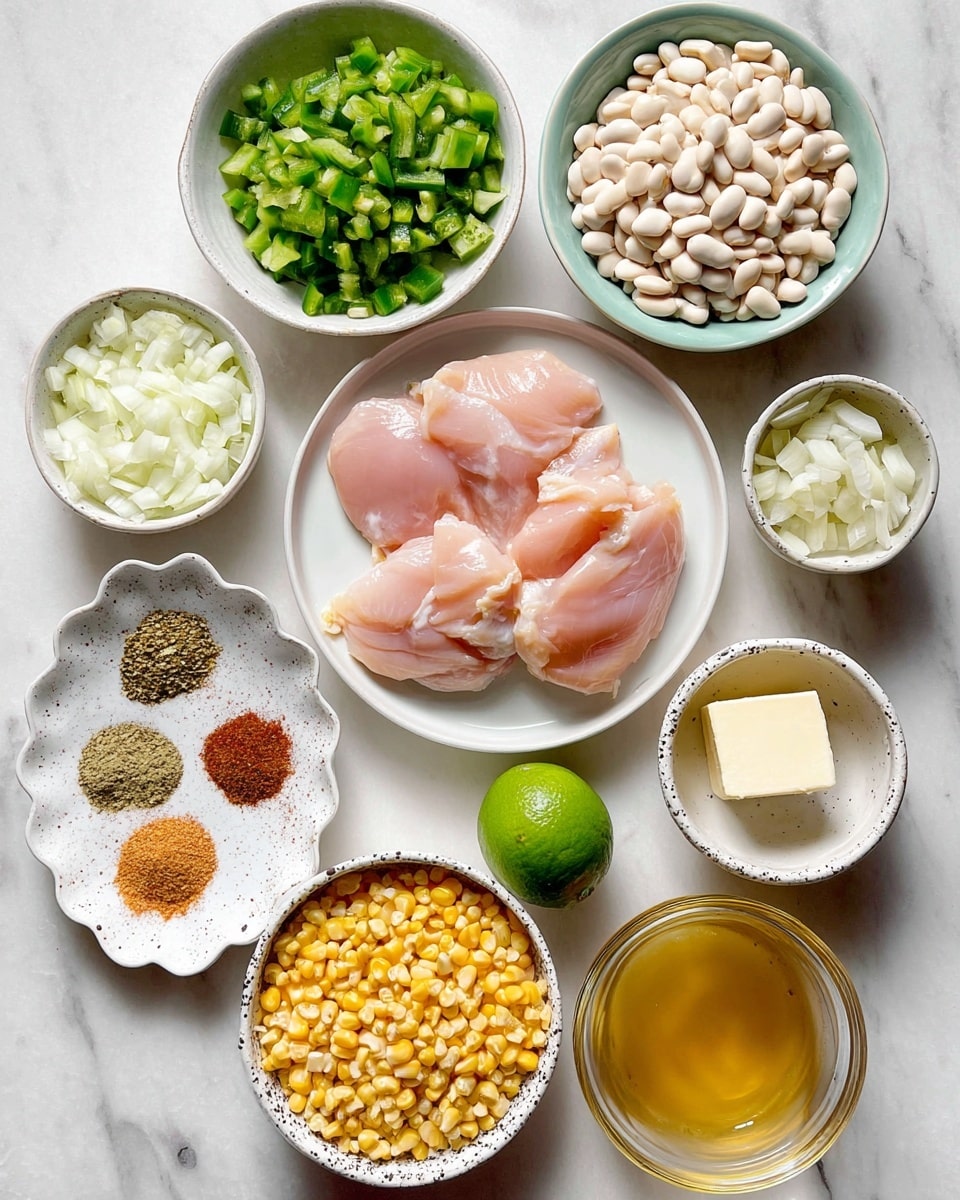 The image shows a top-down view of several bowls and containers arranged on a white marbled surface, each holding different ingredients. In the center, there is a white plate with four pieces of raw chicken with a light pink color and smooth texture. To the top right is a bowl of white beans with a slightly shiny surface. To the top left, a bowl holds chopped green bell peppers, diced into small cubes with a fresh, crisp look. Below the peppers, a small white plate with scalloped edges has five different powdered spices in shades of reddish-brown, brown, and yellowish-green. To the bottom left, a white bowl contains finely chopped white onions. Below the chicken plate, half a cut lime with a bright green rind and juicy, pale green inside rests on the marble. Next to the lime, there's a small bowl with a block of creamy white cheese. To the right of the chicken is a clear container with golden-yellow broth. Below that, a small bowl holds finely minced garlic and another small can shows chopped green chili peppers. Finally, at the bottom left, a speckled white bowl is filled with bright yellow corn kernels. Photo taken with an iphone --ar 4:5 --v 7