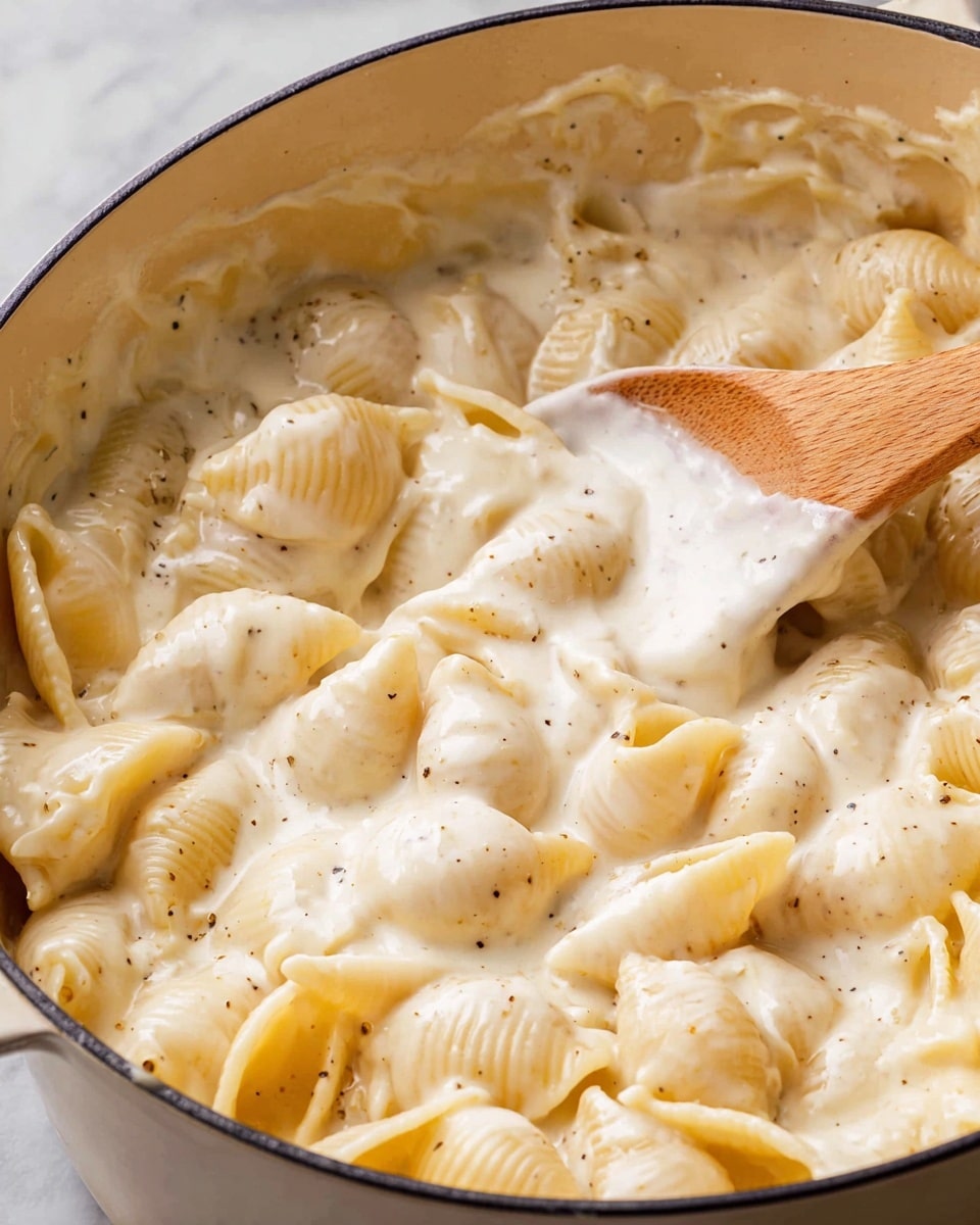 A close-up view of a pot filled with shell pasta covered in a thick, creamy white sauce. The pasta shells are light golden and fully coated with the smooth sauce that has a glossy texture and specks of pepper. A wooden spoon is partially buried in the pasta, with some sauce dripping off it. The pot has a soft cream color inside, and the whole scene is set against a white marbled background. Photo taken with an iphone --ar 4:5 --v 7