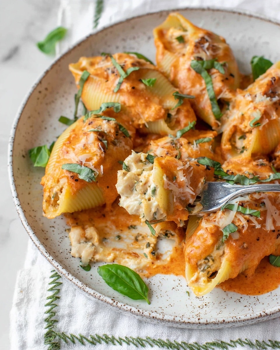 The image shows a white speckled plate with several stuffed pasta shells covered in a thick orange sauce. Each shell is filled with a creamy mixture that looks smooth and pale, with some green herbs visible inside. The shells are baked to a golden brown on top, with melted cheese sprinkled over them. Fresh green basil leaves are scattered across the dish, adding a pop of color. A silver fork is holding one shell, showing the inside filling clearly. The plate rests on a white cloth with green stitching, and the background is a white marbled surface. photo taken with an iphone --ar 4:5 --v 7