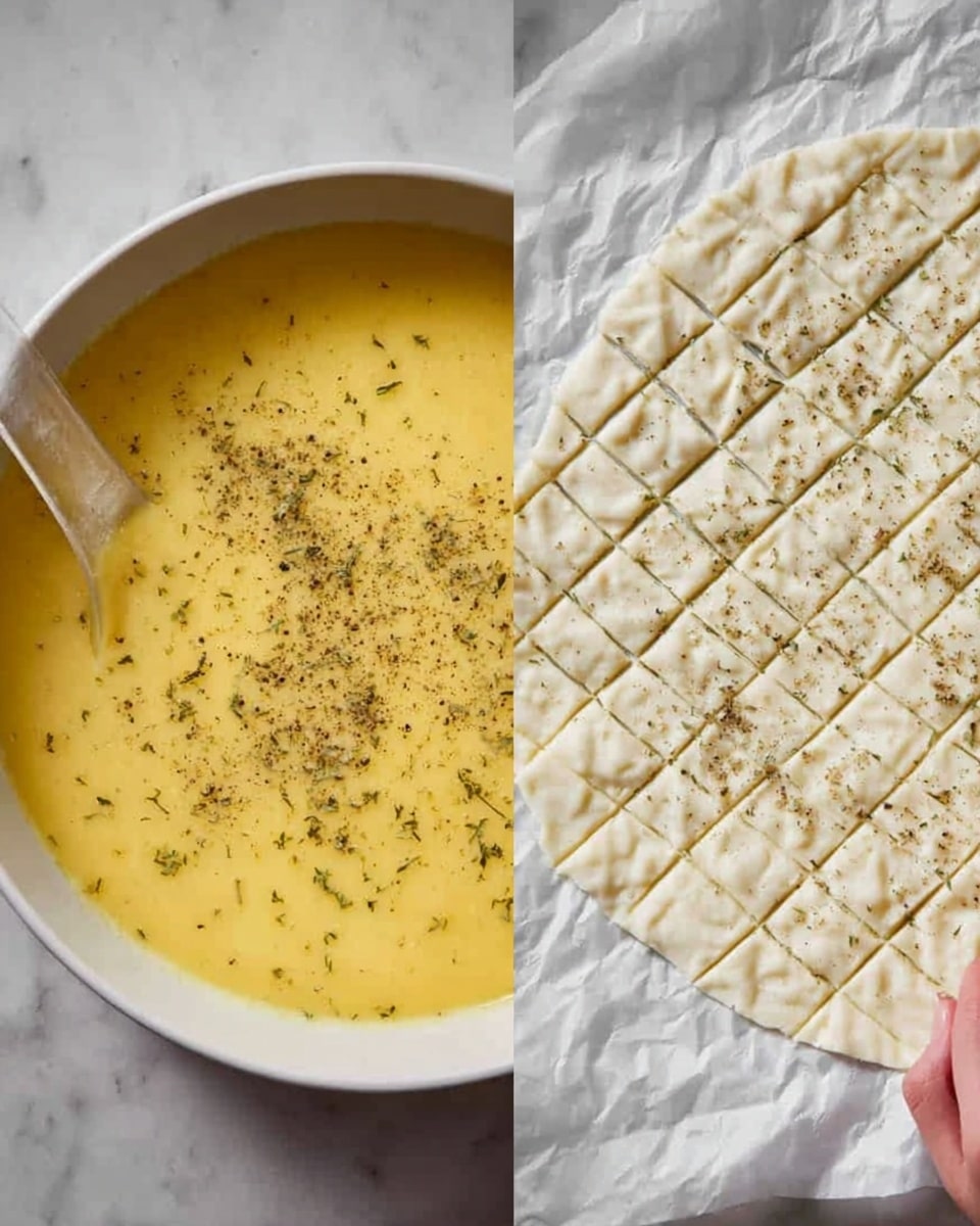 The image on the left shows a close-up of a round white bowl filled with smooth yellow soup topped with ground black pepper and green herbs scattered evenly on the surface. A clear spoon is dipped in the soup resting inside the bowl. The background and surface have a white marbled texture. The image on the right shows a flat piece of dough with a grid pattern cut on top, laid on white parchment paper, with a woman's hand holding the paper at the edge, all over a white marbled surface. photo taken with an iphone --ar 4:5 --v 7