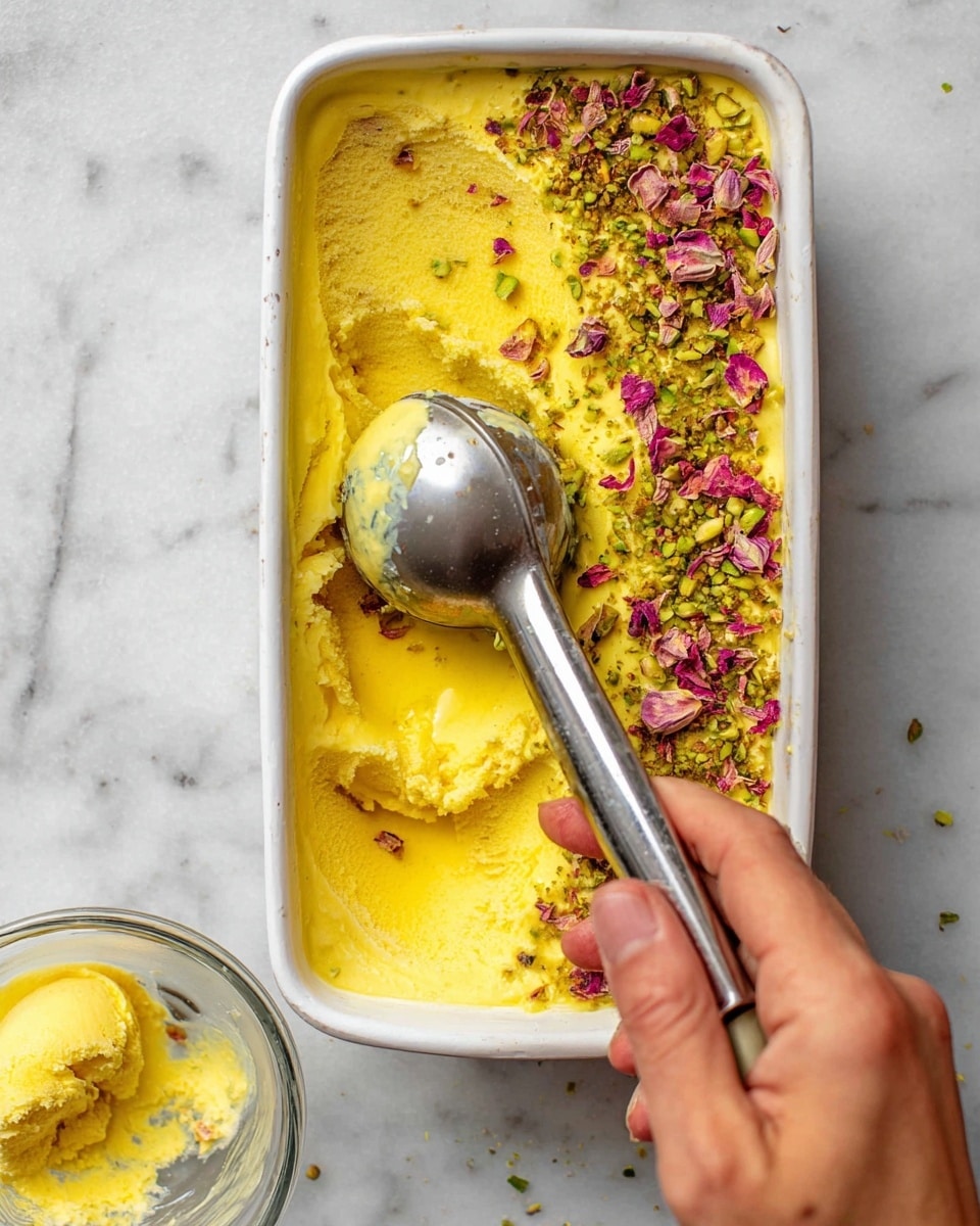 A rectangular white dish filled with bright yellow ice cream, half of which is sprinkled with crushed green pistachios and dried pink rose petals on the right side, showing a textured, creamy surface. A woman's hand holds a large silver ice cream scoop inside the dish, with some ice cream already scooped into a small clear glass bowl placed at the bottom left corner. The dish rests on a white marbled surface, highlighting the vibrant colors of the ice cream and toppings. photo taken with an iphone --ar 4:5 --v 7