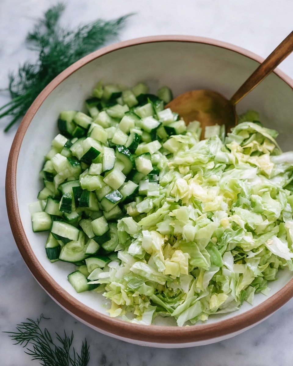 A white bowl with a brown rim holds a fresh salad made of two main layers: the bottom layer has small, light green chopped cabbage pieces with a soft texture, and the top layer is filled with darker green cucumber cubes, giving a crisp look. A long, thin bronze spoon rests inside the bowl, partially covered by the cucumber cubes. The bowl is placed on a white marbled surface with some green dill sprigs nearby, adding a touch of natural color to the setting. photo taken with an iphone --ar 4:5 --v 7