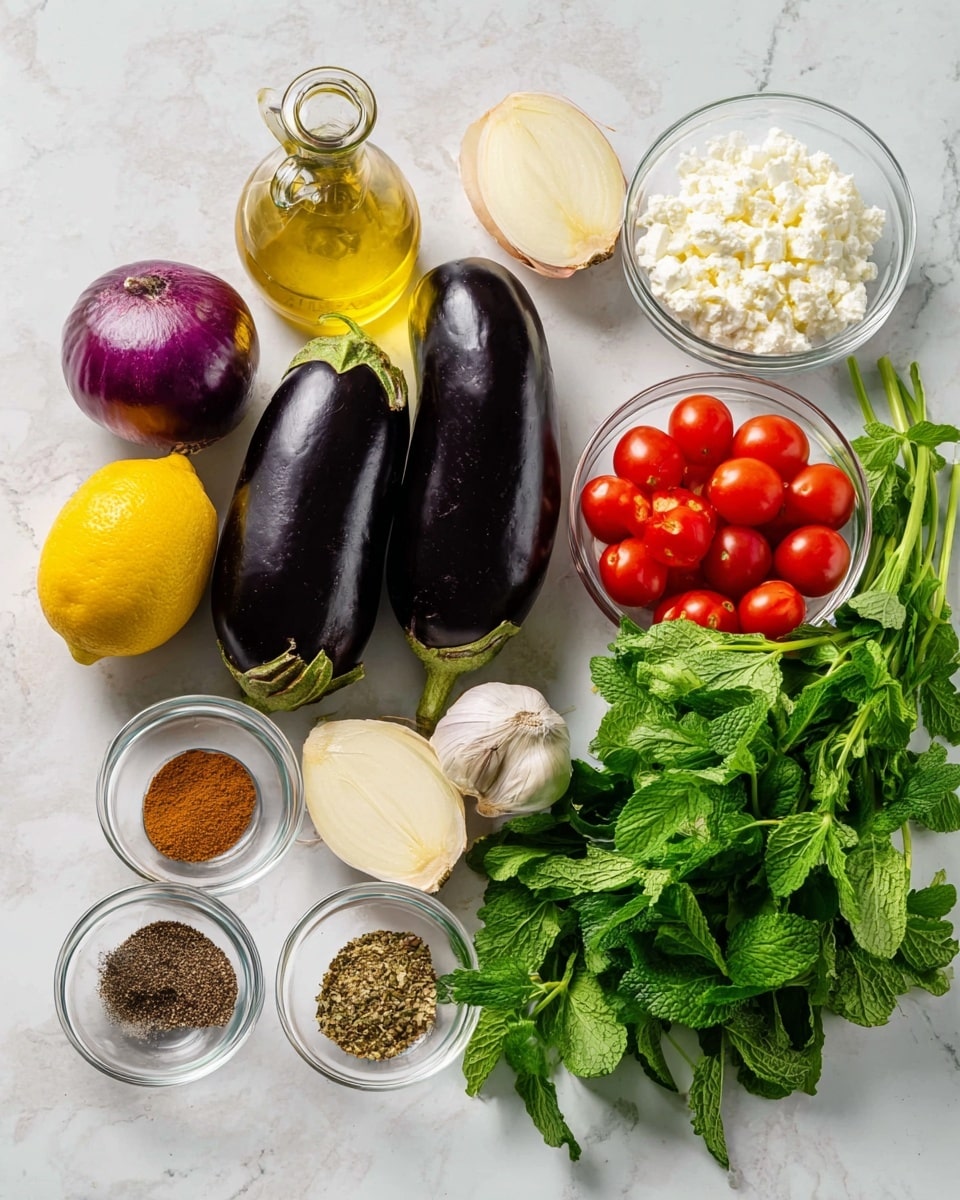 The image shows fresh ingredients arranged on a white marbled surface. There are four dark purple eggplants placed in the center, surrounded by bright green fresh parsley and mint leaves on the right side. Two clear glass bowls hold small red tomatoes and white crumbled cheese, placed near a whole red onion and a glass bottle of golden olive oil. A whole yellow lemon and a single garlic clove are placed on the left side of the eggplants. Two small clear bowls contain ground spices in brown, black, and beige colors, completing the fresh and colorful setup. Photo taken with an iphone --ar 4:5 --v 7