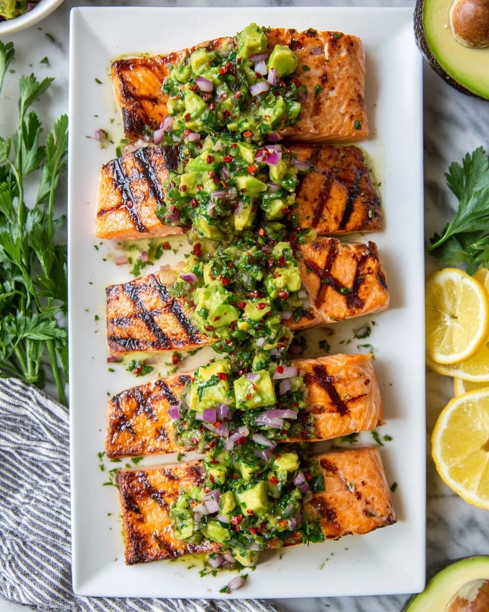 Four grilled orange-pink salmon fillets with dark grill marks are arranged vertically on a white rectangular plate. Each fillet is topped with a chunky green salsa made of diced avocado, chopped red onion, and herbs, with small red pepper flakes scattered on top. The plate sits on a white marbled surface, surrounded by partial views of a striped cloth, half an avocado, lemon, and green parsley leaves. photo taken with an iphone --ar 4:5 --v 7