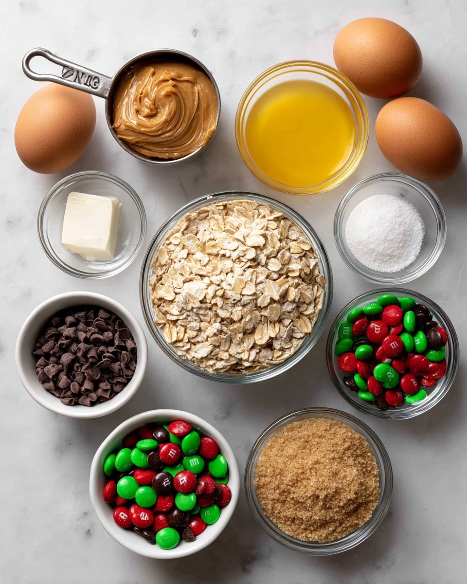 The image shows nine small bowls on a white marbled surface, each filled with different baking ingredients. In the center is a clear glass bowl filled with light brown oats, surrounded by other bowls and two whole brown eggs. At the top left is a shiny metal measuring cup filled with smooth peanut butter. To its right is a clear glass bowl with yellow melted butter. Next is a small clear glass bowl with dark brown vanilla. Below these, a small metal bowl holds white salt, while a small clear glass bowl next to it contains white baking soda. At the bottom left, a white bowl contains dark chocolate chips, and next to it is a bright white bowl filled with red and green M&M's. Finally, at the bottom right, a clear glass bowl is full of light brown sugar, all placed neatly on the white marbled surface. Photo taken with an iphone --ar 4:5 --v 7