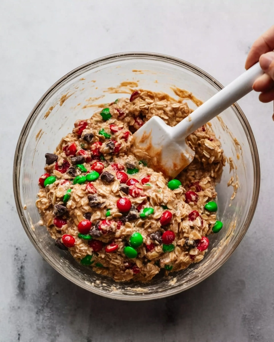 A clear glass bowl filled with a thick mixture of oats, colorful red, green, and brown candy pieces, and what looks like chocolate chips, all mixed together with a sticky light brown binding ingredient. A white spatula with red and brown marks is partially dipped into the mixture, held by a woman's hand positioned at the top right of the bowl. The bowl sits on a white marbled surface, showing a slightly textured background. photo taken with an iphone --ar 4:5 --v 7