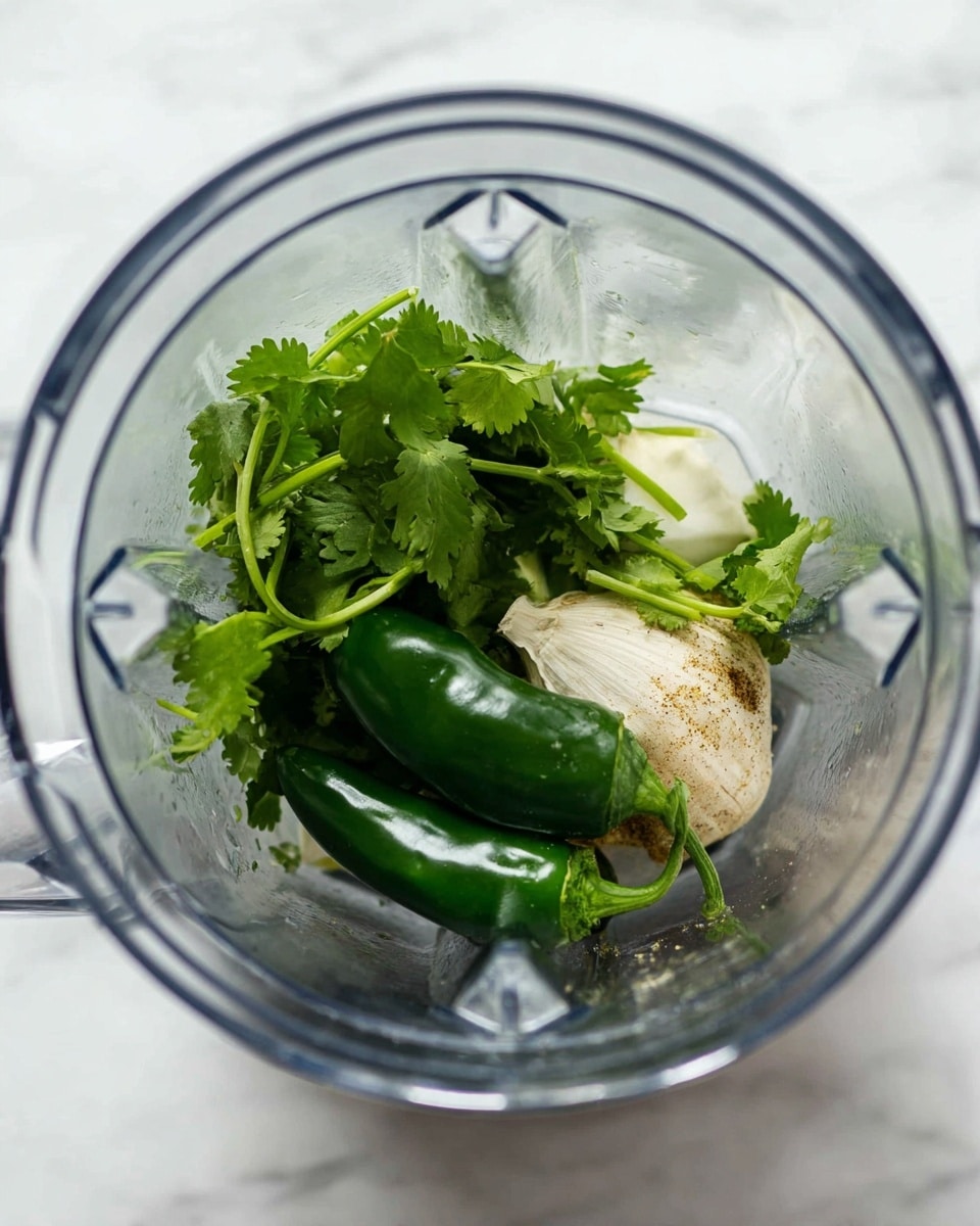 Inside a clear blender jar, there are four visible layers of ingredients. The bottom layer shows a rough beige whole garlic bulb. Above that lie two dark green chili peppers, slightly shiny and firm. Next to the peppers, there is a small bunch of bright green cilantro leaves with stems, fresh and leafy, sitting lightly on top. The whole blender is placed on a white marbled surface. photo taken with an iphone --ar 4:5 --v 7