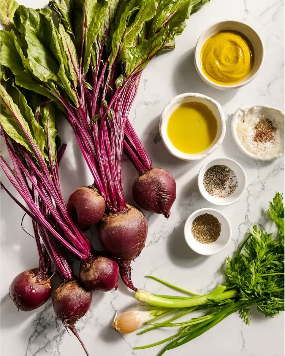 The image shows fresh beets with long purple stems and green leaves arranged on a white marbled surface in the top left corner. Surrounding them are six small white bowls arranged in a loose circle: one with yellow mustard, one with golden honey, one with clear oil, one with mixed black and white pepper, one with salt, and one with a small amount of green herbs. Fresh green parsley and spring onions lie in the bottom right area next to the bowls. The whole scene has a clean and natural look, with all bowls white and the setting bright. Photo taken with an iphone --ar 4:5 --v 7