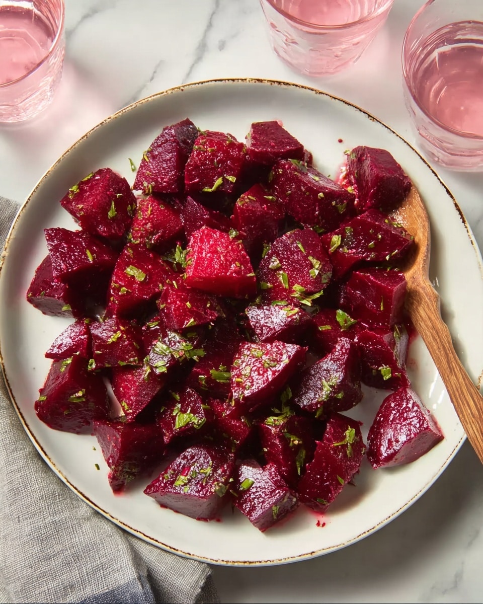 The image shows a white plate filled with bright red roasted beet chunks. The beet pieces are uneven in size but roughly bite-sized, with a slightly shiny texture suggesting they are coated with some oil or dressing. Small green herb bits are scattered on top, giving a fresh contrast to the deep red beets. The plate sits on a white marbled surface, and a woman's hand holding a wooden utensil is partially visible at the plate’s edge. There are also two clear glasses with pink liquid near the plate. photo taken with an iphone --ar 4:5 --v 7
