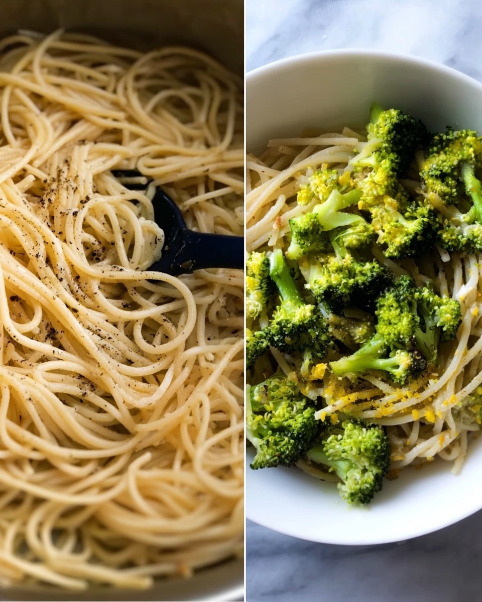 The left side shows close-up spaghetti noodles with a light sauce and black pepper, with a black spoon stirring them gently. The right side shows a white bowl filled with spaghetti noodles as the base, topped with bright green broccoli florets scattered evenly and sprinkled with small yellow bits, all set on a white marbled surface. Photo taken with an iphone --ar 4:5 --v 7