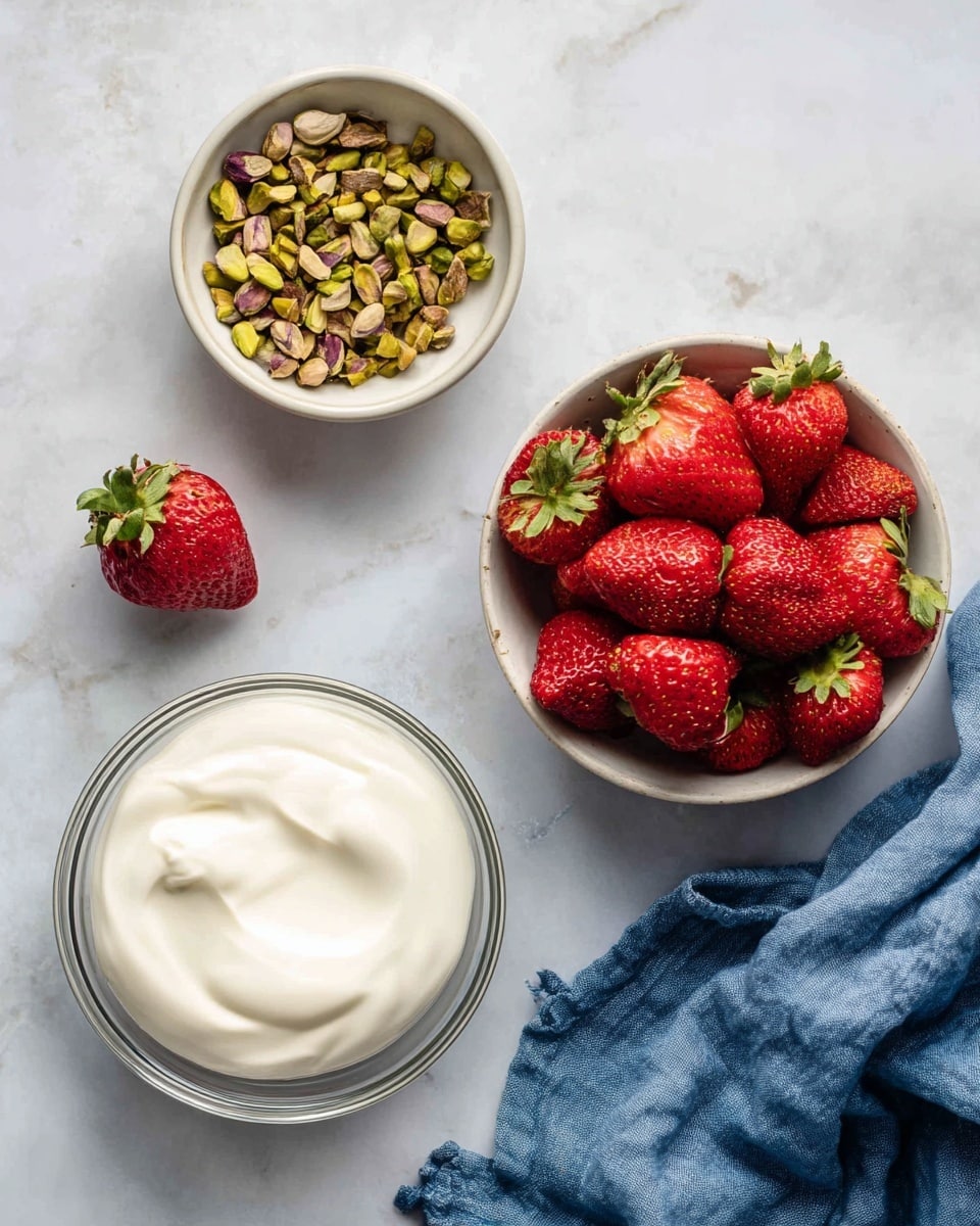 A white marbled surface holds a clear glass bowl filled with smooth, creamy vanilla yogurt, positioned at the bottom left. Above it, a small white bowl contains chopped pistachios with varying shades of green and brown, showing a rough texture. To the right, a white bowl is filled with fresh strawberries, rich red in color with bright green leafy tops, the strawberries looking plump and shiny. A loose strawberry sits to the left of the pistachios bowl, and a crumpled blue cloth is spread on the bottom right corner. photo taken with an iphone --ar 4:5 --v 7