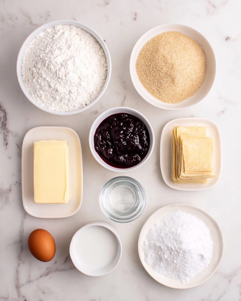 The image shows a top view of cooking ingredients neatly placed on a white marbled surface. There are seven white bowls and plates arranged with different items: one large bowl filled with a white powder, another bowl filled with light brown sugar, and a smaller bowl with dark purple jam in the center. A rectangular block of pale yellow butter rests on the left side. There is a single brown egg placed near the bottom center, a small white bowl with white liquid, a small clear bowl with water, and a folded rectangle of dough on a white plate on the right side. All ingredients are evenly spaced and clearly visible. Photo taken with an iphone --ar 4:5 --v 7