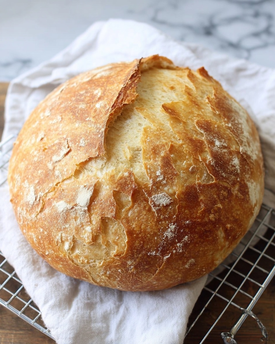 A round loaf of bread with a golden brown crust sits on a metal wire rack. The top has a rough, cracked texture with some areas showing lighter, softer inside bread beneath the crust. The crust looks slightly crisp with a few tiny white flour patches, and the loaf is placed on a white cloth. The background is a white marbled texture. Photo taken with an iphone --ar 4:5 --v 7