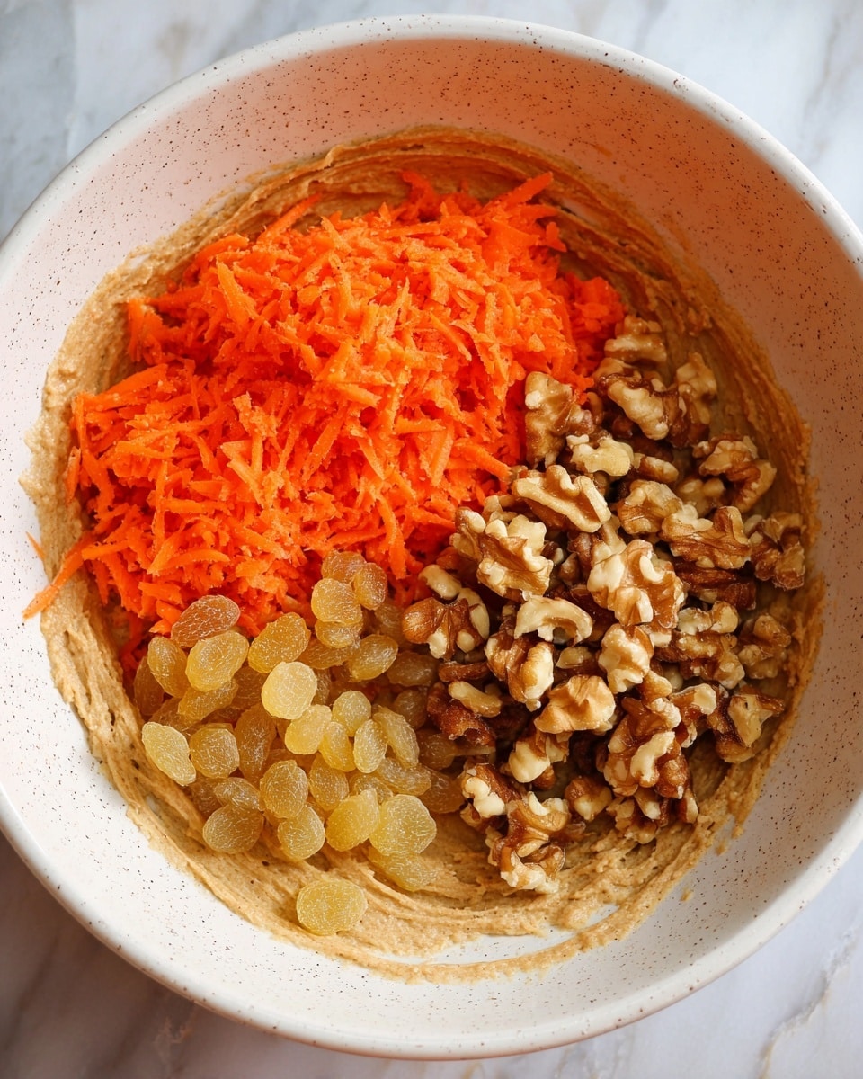 A white bowl with a light brown batter spread in it forms the base layer. On top of the batter, three separate piles rest side by side: bright orange freshly grated carrots on the right, light golden raisins on the top left, and light brown chopped walnuts on the bottom left. The bowl is placed on a white marbled surface. photo taken with an iphone --ar 4:5 --v 7