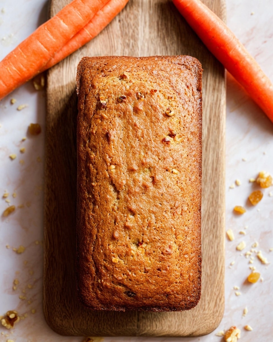 A rectangular loaf cake with a golden brown, slightly textured top sits in the center of a wooden board. The cake has a rough, slightly uneven surface with small cracks and a warm, inviting color. On the upper side of the board, there are two fresh, orange carrots placed diagonally. Around the board on a white marbled surface, scattered pieces of chopped nuts and golden raisins are visible, adding a rustic touch to the scene. The lighting highlights the cake's texture and the natural colors of the ingredients. photo taken with an iphone --ar 4:5 --v 7