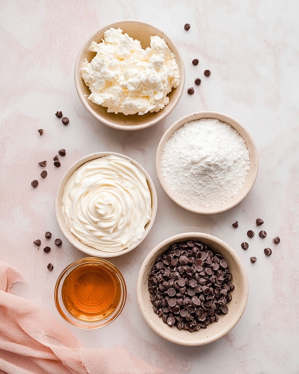 The image shows five small bowls with different ingredients arranged on a white marbled surface. At the top is a beige bowl filled with a creamy white ingredient with a slightly lumpy texture. Below is a white bowl filled with fine white powder. Centered in the middle is another white bowl containing soft, smooth white cream swirled on top. To the lower right is a beige bowl with many small dark brown chocolate chips. At the bottom left is a small glass container filled with a golden amber liquid. Scattered chocolate chips are placed around the bowls, and a soft pink cloth is partially visible in the bottom left corner. photo taken with an iphone --ar 4:5 --v 7