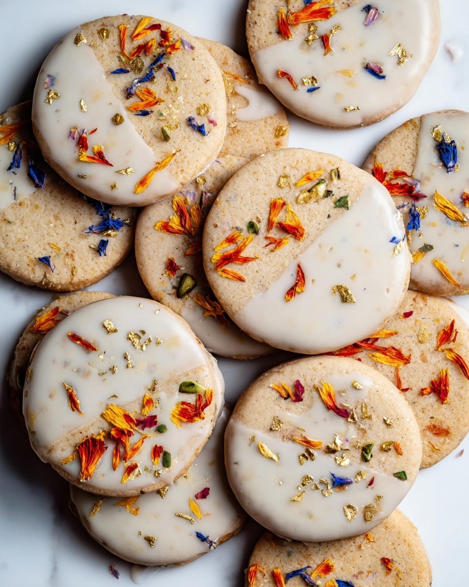 A group of round cookies with a light beige color and a soft, slightly rough texture are shown. Each cookie is half dipped in smooth white glaze, covering about the left or right half of each cookie’s surface. The glazed half is decorated with scattered colorful flower petals in orange, red, and blue, along with small green nut pieces and tiny gold leaf flakes. The cookies are placed casually on a white marbled surface, some overlapping each other. Photo taken with an iphone --ar 4:5 --v 7