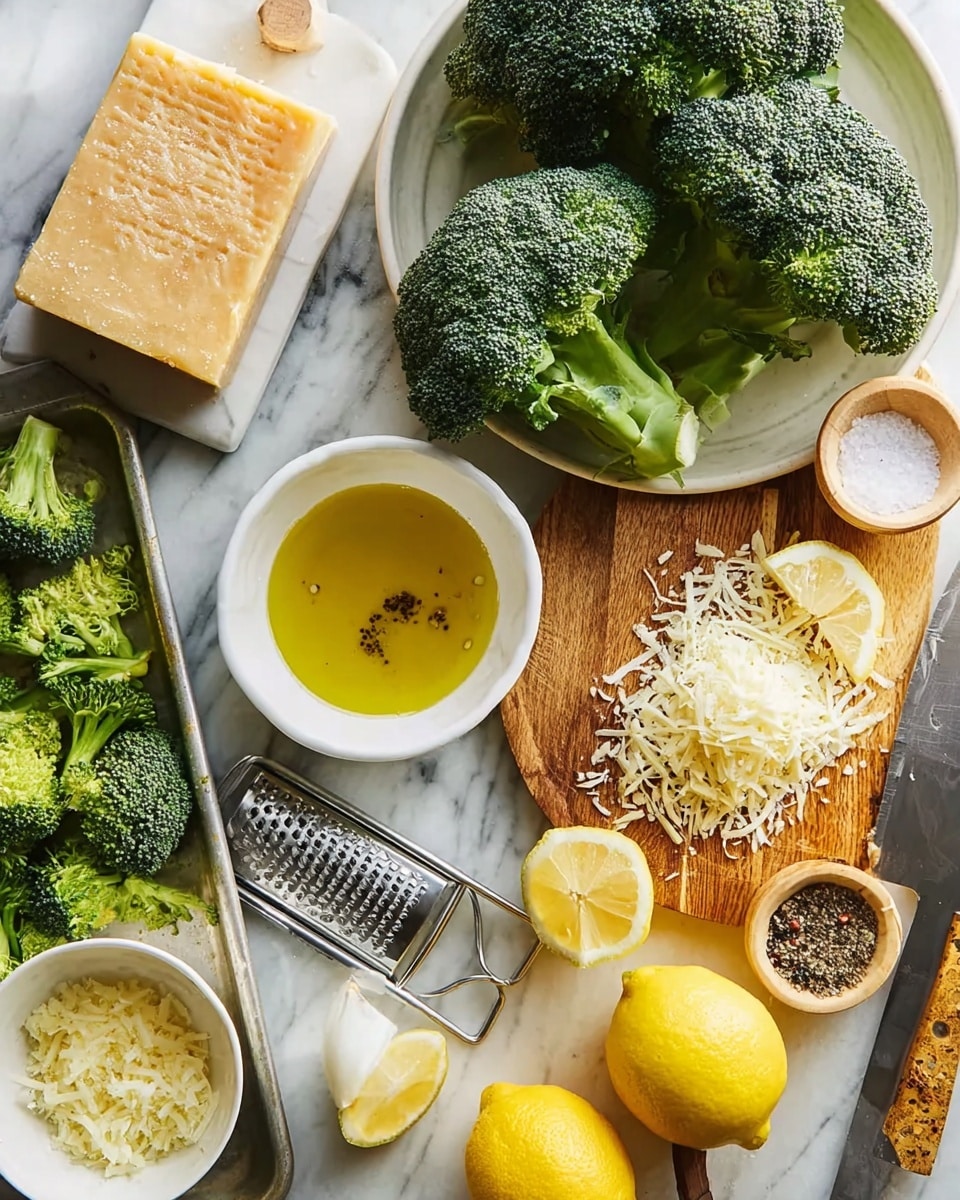 The image shows fresh broccoli with dark green crowns and light green stems placed on a white marbled surface, alongside broccoli florets on a tray. A white bowl filled with golden yellow olive oil sits near the broccoli, while another white bowl holds finely chopped garlic. There is a block of hard cheese with a natural rind on a wooden cutting board, accompanied by finely shredded cheese on a white plate. The board also holds a whole bright yellow lemon and several lemon wedges with juicy, translucent pulp. A metal cheese grater is positioned near the shredded cheese. Small glass bowls contain coarse salt and black pepper. A knife with a beige handle lies near the tray. Photo taken with an iphone --ar 4:5 --v 7