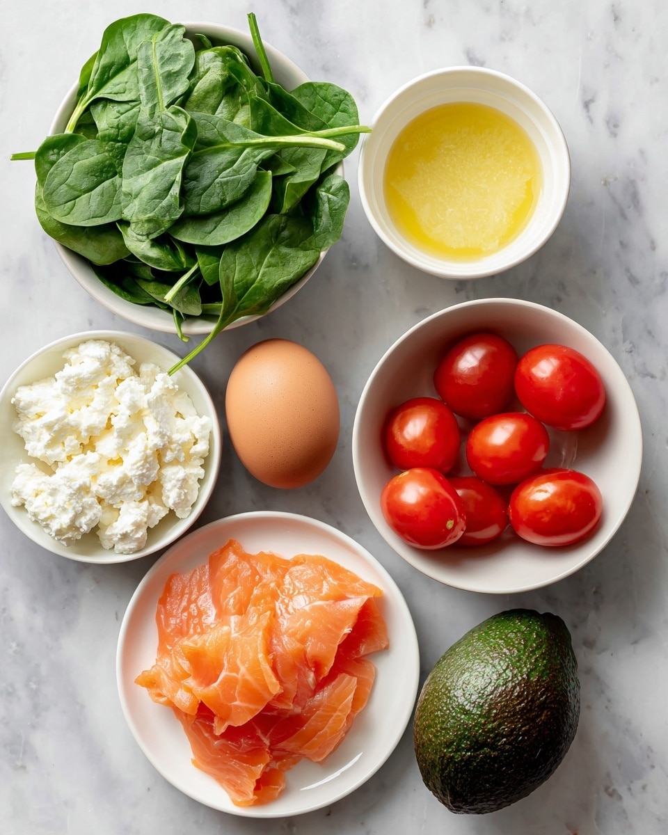 The image shows six separate white bowls and one whole brown egg and one avocado placed on a white marbled surface. The top left white bowl is filled with fresh baby spinach leaves that are bright green and smooth. Next to it on the right is a small white bowl holding a yellow lemon vinaigrette with a slightly oily and shiny texture. Below the spinach bowl, there is a white bowl with white cottage cheese that looks soft and lumpy. To the right of this, a white bowl holds six round, shiny, red cherry tomatoes. Below the tomatoes, a white plate holds several thin slices of smoked salmon with a silky, coral-orange color, slightly translucent. The egg is plain brown and placed between the avocado and the bowls. The avocado has rough, dark green, almost black skin with a bumpy texture. photo taken with an iphone --ar 4:5 --v 7