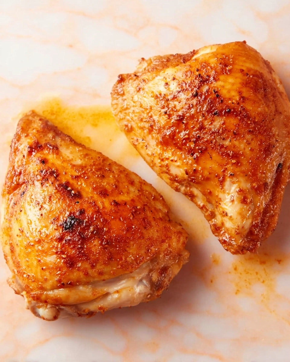 Two cooked chicken pieces lie side by side on a white marbled surface. Each piece has a golden brown color with a slightly crispy skin and a few darker spots. The meat looks moist with some oil or juices around it, spreading lightly on the white marble. The image shows only the chicken pieces close-up, focusing on the texture and color of the cooked meat. photo taken with an iphone --ar 4:5 --v 7