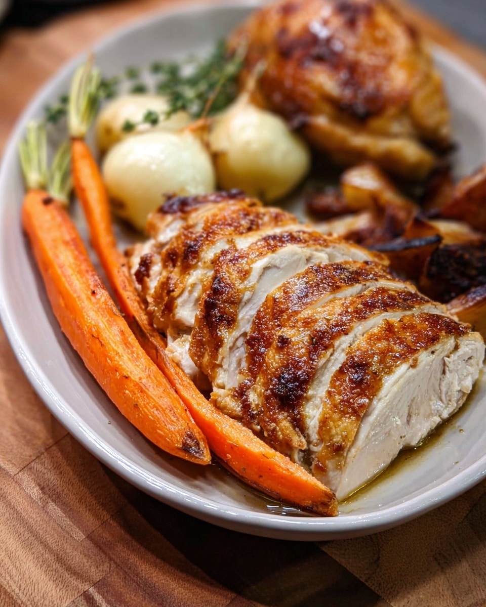 The image shows a white oval plate with sliced roasted chicken in the front center, displaying a golden-brown crispy skin and juicy white meat inside, arranged in three thick layers. Behind the chicken, two long orange roasted carrots lie diagonally across the plate. To the left of the chicken, two small white roasted onions with green stems are placed side by side. At the top and out of focus, there is another piece of roasted chicken with a similar golden skin and some brown roasted vegetables alongside. The plate sits on a wooden surface. Photo taken with an iphone --ar 4:5 --v 7