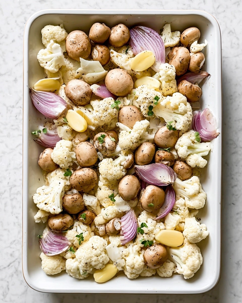 A white rectangular baking tray filled with a mix of raw vegetables arranged evenly in one layer. The base layer includes beige round mushrooms, white cauliflower florets, and wedges of light purple shallots scattered throughout. There are also a few whole cloves of pale yellow garlic placed among the vegetables. The ingredients are lightly sprinkled with black pepper and garnished with small green herb leaves, all set on a white marbled surface. photo taken with an iphone --ar 4:5 --v 7