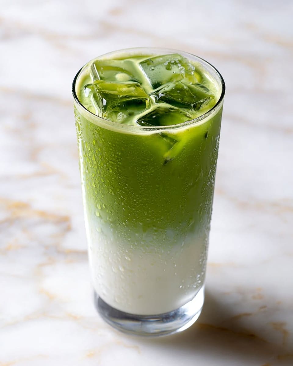 A tall clear glass shows a two-layered iced drink standing on a white marbled surface. The bottom layer is creamy white, smooth, and filling almost half of the glass. Above that is a bright green layer with a slightly thick, smooth texture, filled with large ice cubes floating on top. The glass has small droplets of condensation all over it, adding a fresh and cold look to the drink. Photo taken with an iphone --ar 4:5 --v 7