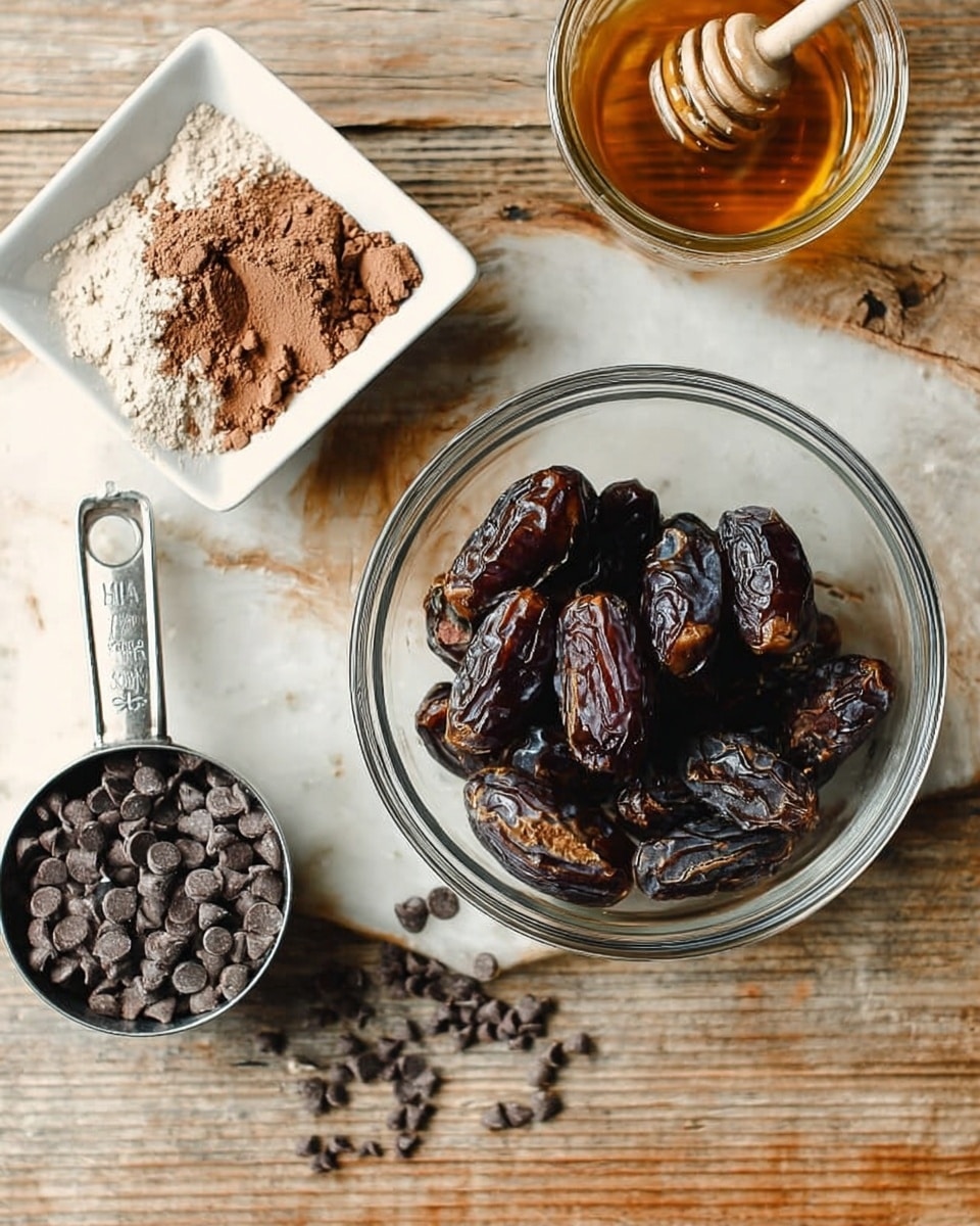 The image shows a clear glass bowl filled with dark brown dates sitting on a rustic wooden surface against a white marbled texture. To the left of the bowl is a white square dish containing light brown cocoa powder with a measuring spoon resting on top. Below it is a metal measuring cup filled with dark chocolate chips. At the top of the image, there is a honey jar with a honey dipper resting on the rim. The ingredients are arranged neatly with visible textures of the dates, powder, and chips. photo taken with an iphone --ar 4:5 --v 7