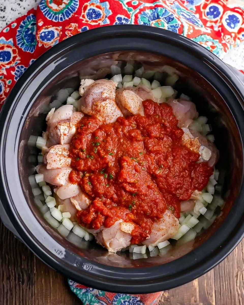 The image shows a top view of a black slow cooker with raw chicken pieces arranged in a circle inside. The bottom layer consists of chopped white onions spread evenly. On top of the onions, there are raw chicken pieces with a light sprinkle of red seasoning. Over the chicken, there is a thick layer of chunky red tomato sauce with visible bits of green herbs, spread across the middle of the cooker. The cooker is placed on a wooden surface with a colorful cloth featuring red and blue floral patterns nearby. The surface below everything has a white marbled texture photo taken with an iphone --ar 4:5 --v 7