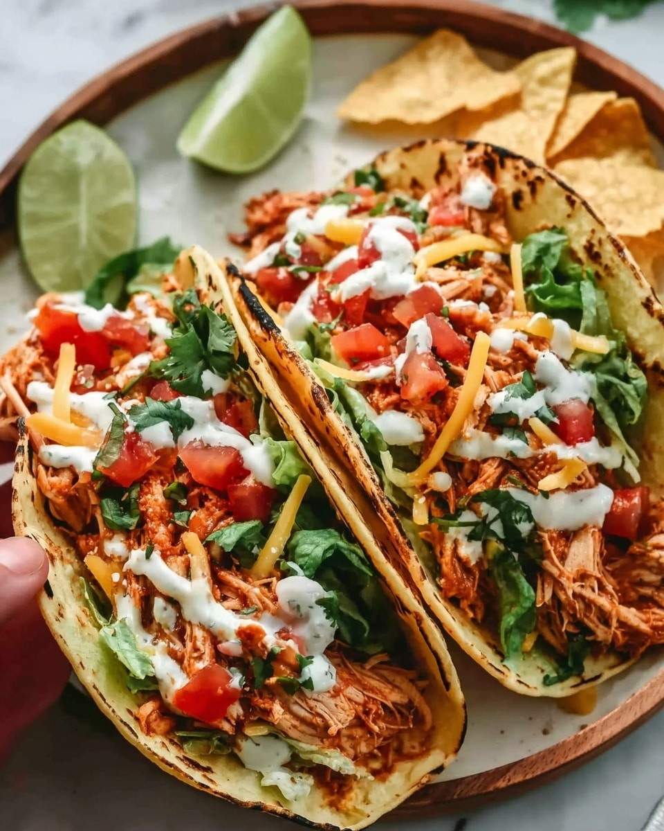 The image shows two tacos on a round white plate placed on a white marbled surface. Each taco has soft, slightly charred corn tortillas folded to hold the layers inside. The bottom layer is shredded cooked chicken with a reddish-brown color, topped with chopped tomatoes and fresh green cilantro leaves. There is shredded yellow cheese sprinkled over the top, along with thinly sliced lettuce adding more green color. White sauce is lightly drizzled over each taco in small lines. A wedge of lime and some tortilla chips are visible next to the tacos. A woman's hand is holding one of the tacos from the side. Photo taken with an iphone --ar 4:5 --v 7