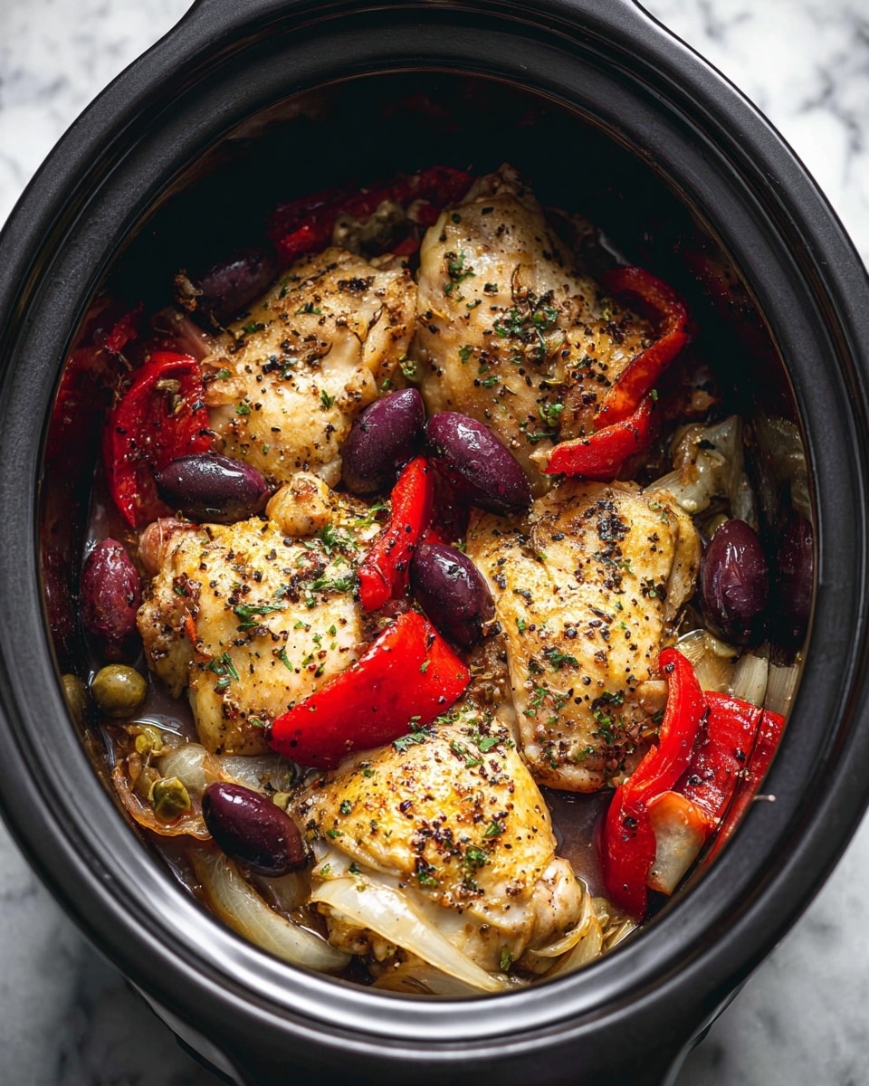 The image shows a slow cooker filled with cooked chicken thighs that are golden with a sprinkle of black pepper and herbs on top. Among the chicken pieces, there are layers of sautéed onions, dark purple olives, bright red roasted bell pepper strips, and small green capers scattered throughout. The food is set inside the black slow cooker, with a focus on the rich textures and colors of the chicken and vegetables. The background is a white marbled surface. photo taken with an iphone --ar 4:5 --v 7