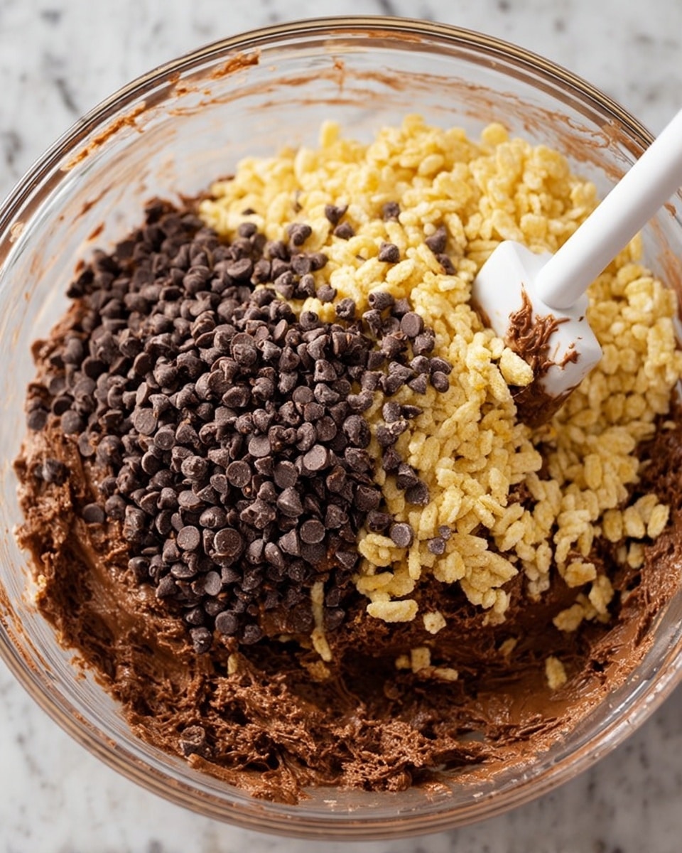 The image shows a clear glass mixing bowl filled with three layers of ingredients. The bottom layer is a thick, dark brown chocolate mixture with a smooth but slightly chunky texture. On top of this is a layer of light yellow, crispy rice cereal, scattered unevenly. The top layer consists of small, dark brown chocolate chips, densely spread over the cereal. A white spatula with some chocolate on it is partially buried in the mixture. The bowl is sitting on a white marbled surface. photo taken with an iphone --ar 4:5 --v 7