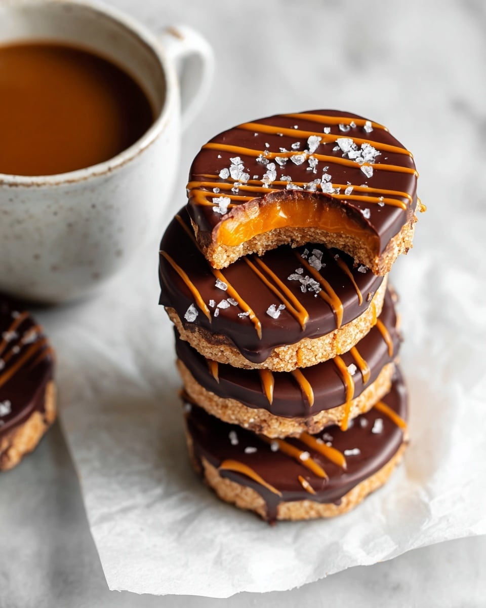The image shows a stack of three round treats on a white marbled surface lined with white parchment paper. Each treat has three clear layers: a bottom crumbly tan base, a middle light orange crunchy layer, and a smooth dark chocolate top layer with orange drizzle across it. The top treat has a bite taken out, revealing the bright orange interior, and is sprinkled with coarse salt flakes. In the background, there is a white cup filled with brown liquid with streaks of the same orange drizzle on the rim. Photo taken with an iphone --ar 4:5 --v 7