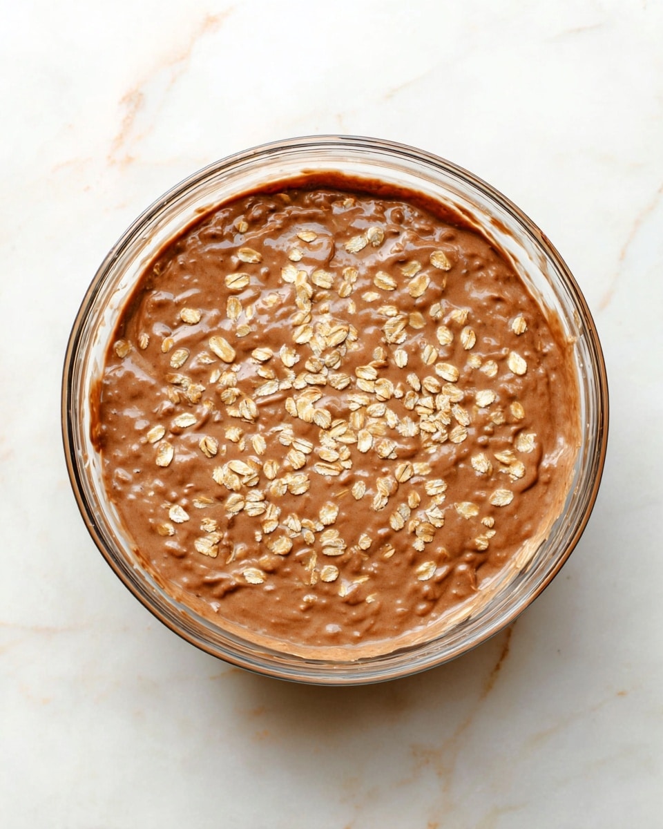 A clear glass bowl sits on a white marbled surface, filled with a thick, light brown chocolate batter mixed with whole oats. The batter covers the bottom and sides of the bowl, forming one thick, smooth layer with scattered oat flakes embedded throughout, creating a bumpy texture on the surface. The color is a mix of milky chocolate brown with the lighter beige oats spread evenly on top, giving a slightly rough look to the otherwise creamy mixture. photo taken with an iphone --ar 4:5 --v 7