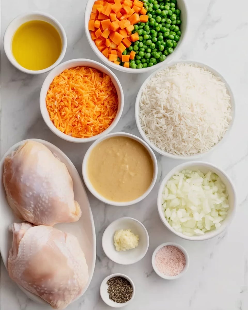 The image shows an overhead view of white small bowls and two raw chicken pieces arranged on a white marbled surface. There are two raw chicken pieces in the bottom left area. On the left side, a white bowl is full of shredded orange carrots. Above the chicken pieces is a bowl with mixed green peas and orange carrot cubes. To the right of it, there is a white bowl with white uncooked rice. Below the rice, a bowl contains finely chopped white onions. Below the peas and carrots, a bowl holds thick beige sauce, with a small bowl of yellow liquid next to it. Near the two chicken pieces, there is a small bowl filled with minced garlic, and in the center bottom, a small white bowl contains black pepper and pink salt. The whole scene is clean and bright, laid over a white marbled surface. photo taken with an iphone --ar 4:5 --v 7
