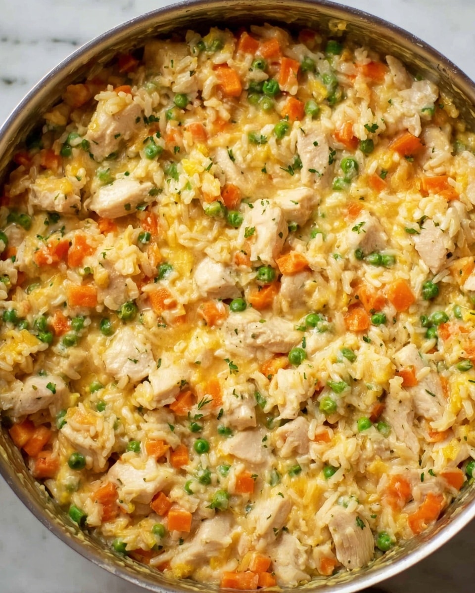 This image shows a close-up of a creamy cooked dish in a round pan on a white marbled surface. The dish has several layers of ingredients mixed together: tender white pieces of chicken diced evenly, small bright orange carrot cubes, green peas, soft yellow rice, and bits of melted light orange cheese blending smoothly throughout. The textures are soft and moist, creating a thick and hearty mixture with a gentle shine. Photo taken with an iphone --ar 4:5 --v 7