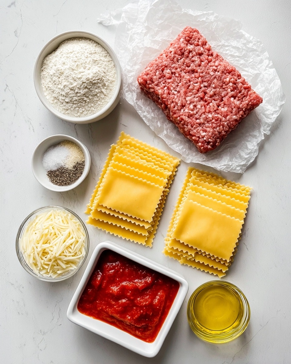The image shows ingredients for a lasagna dish neatly arranged on a white marbled surface. In the bottom right, there are 8 yellow lasagna sheets in a white rectangular dish, showing their wavy edges and smooth texture. To the left and slightly above the lasagna sheets, there is a small white bowl filled with white flour, next to a small white dish containing black pepper and a light-colored powder, likely garlic or onion powder. Above the flour bowl and pepper dish, a block of raw ground meat rests on a piece of crumpled parchment paper, with a rough texture and pinkish-brown color. To the top right of the meat, a clear glass bowl is filled with shredded white cheese. Near the cheese, a small glass bowl contains olive oil, its golden yellow liquid reflecting light. At the top center, there is a glass bowl full of red tomato sauce with visible small chunks, giving a thick and rich look. The entire setup is bright and clean with a clear focus on the colorful and fresh ingredients. photo taken with an iphone --ar 4:5 --v 7