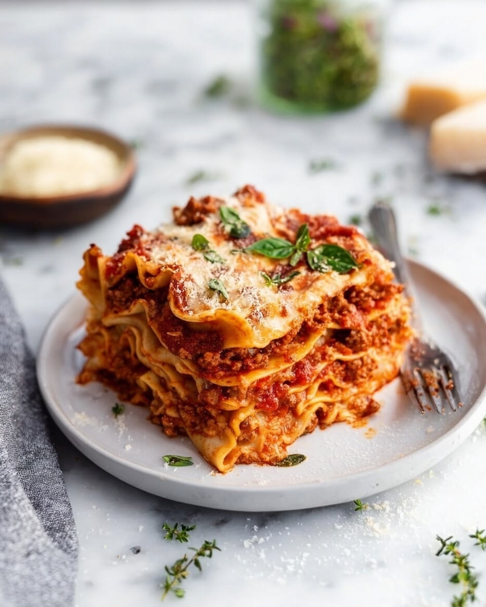 A tall slice of lasagna sits on a white plate, showing about four layers of wavy pasta sheets filled with chunky red tomato sauce, browned ground meat, and melted cheese. The top layer is covered in golden-brown melted cheese with some green basil leaves scattered on top for color. A fork rests on the right side of the plate. The plate is placed on a white marbled surface with small thyme leaves sprinkled around. In the background, there is a blurred small bowl of grated cheese and some green herbs in a glass jar. Photo taken with an iphone --ar 4:5 --v 7