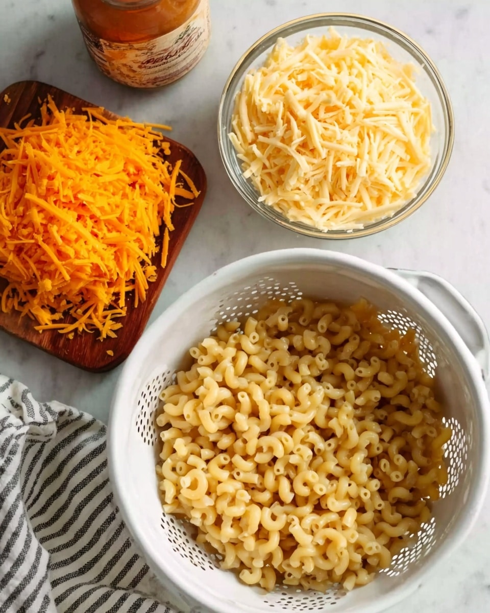 The image shows three items on a white marbled surface: a white colander filled with cooked macaroni noodles, the pasta is light beige with a soft texture and slightly shiny from moisture; above it, there is a small clear glass bowl filled with shredded pale yellow cheese with a thin texture; next to the bowl, there is a small brown wooden board with a pile of shredded vivid orange cheese, the shreds are thin and slightly curly. A bottle with a tan label and white cloth with black stripes are partly visible. photo taken with an iphone --ar 4:5 --v 7