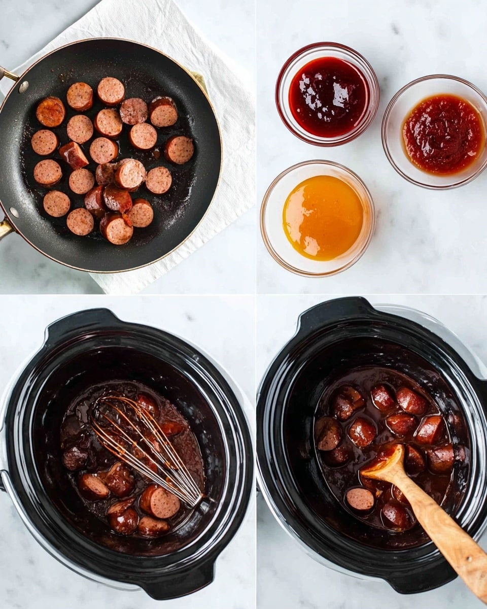 The image shows three steps of cooking sausage slices on a white marbled surface. On the left, browned sausage slices sit in a black frying pan, with more cooked slices on a white paper towel above, and three small clear bowls of red ketchup, orange jam, and dark sauce below. In the middle, sausage slices are in a black slow cooker with a whisk mixing a thick dark reddish sauce made of ketchup and other ingredients. On the right, sausage slices are simmering in the black slow cooker, covered in a shiny, thick, dark sauce, with a wooden spoon stirring them. photo taken with an iphone --ar 4:5 --v 7