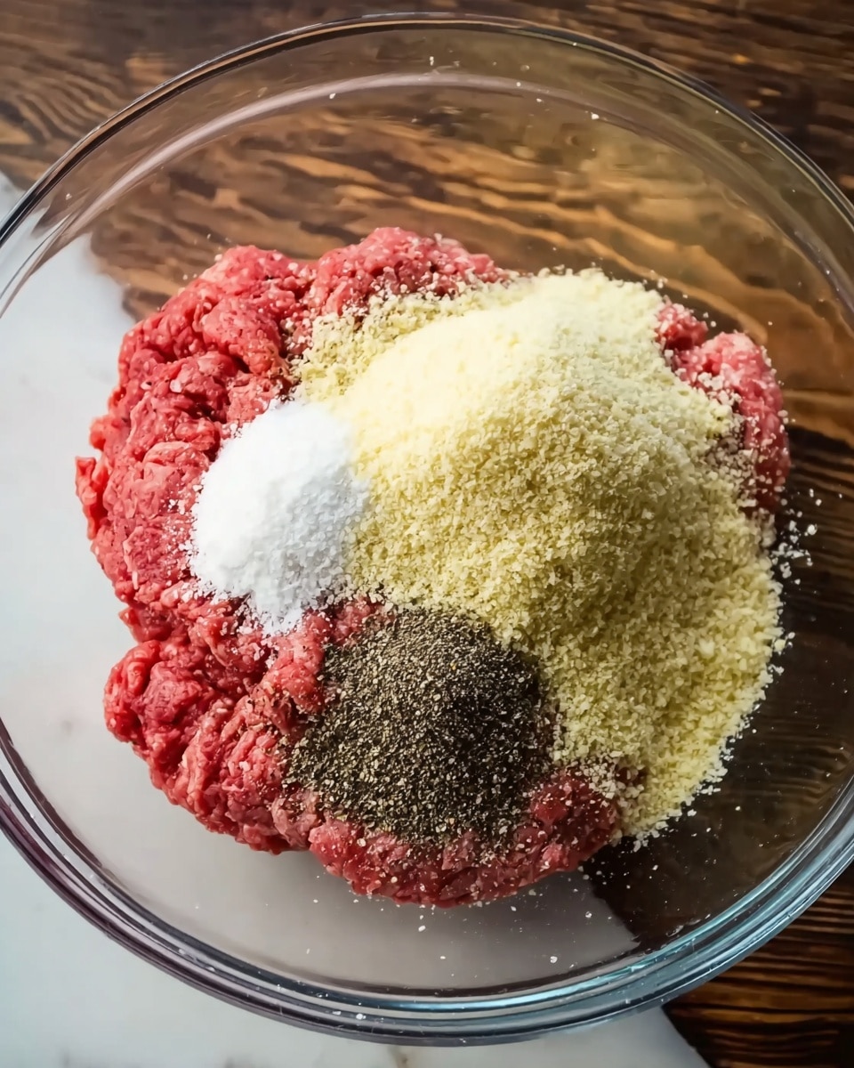 A clear glass bowl holds a mix of raw red ground meat, topped with three different seasonings: a large pile of pale yellow breadcrumbs on the upper right, a smaller heap of white salt on the bottom center, and a dark black pepper pile just to the right of the salt. The bowl sits on a white marbled surface, and the wood grain nearby is faintly visible through the clear bowl. photo taken with an iphone --ar 4:5 --v 7