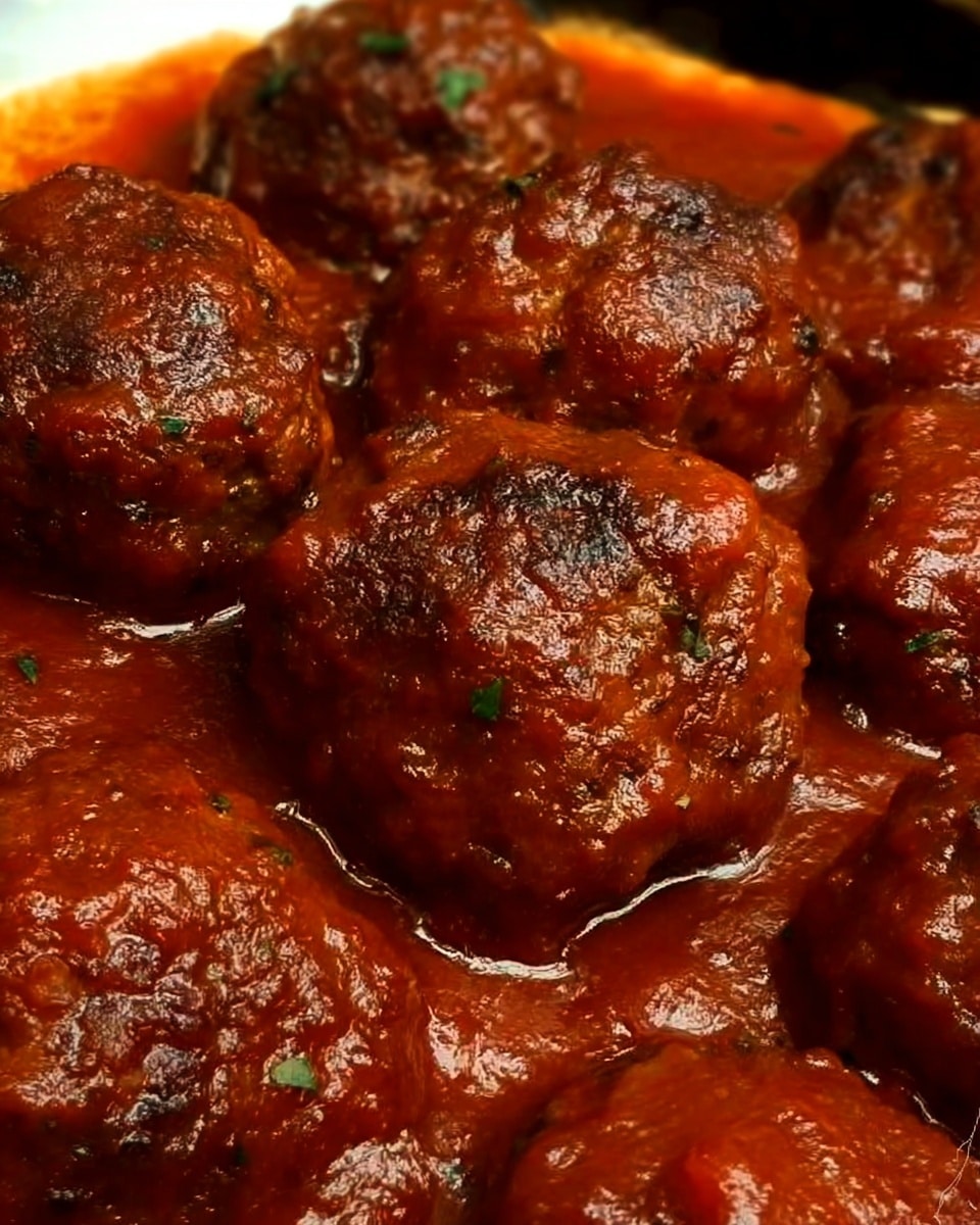 The image shows a close-up of a cluster of dark brown meatballs covered in thick, shiny red tomato sauce. The sauce has a smooth texture with some visible herbs, coating each meatball evenly, and the meatballs appear moist and tender with some darker grilled spots visible. The background is a white marbled texture. photo taken with an iphone --ar 4:5 --v 7