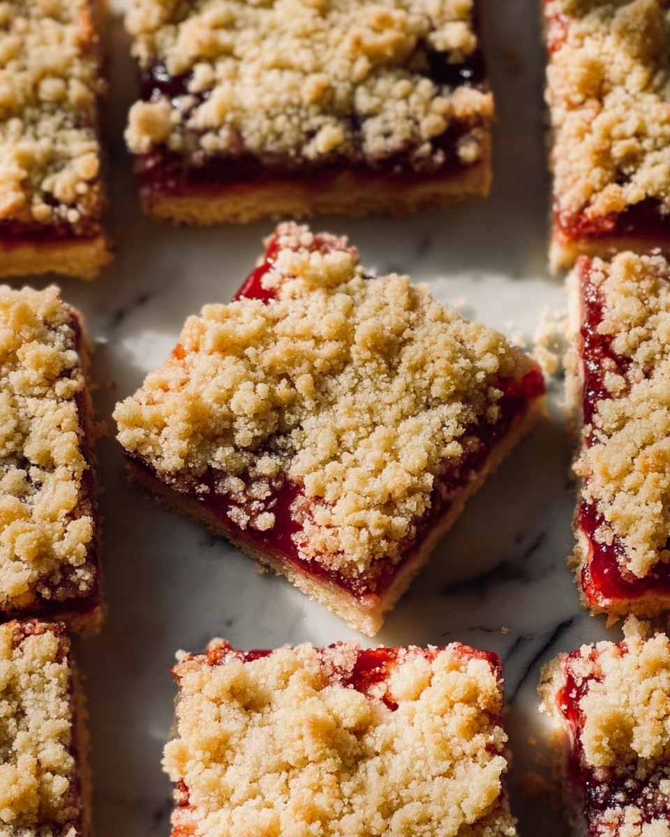 The image shows several square bars of crumb-topped dessert arranged close together on a flat surface with white marbled texture. Each bar has three distinct layers: the bottom layer is a light golden brown crust, the middle layer is a deep red jam or fruit filling that is slightly glossy, and the top layer is a crumbly, golden beige streusel that is uneven and textured. The bars are placed randomly with some overlapping slightly and natural light casting soft shadows across them. photo taken with an iphone --ar 4:5 --v 7
