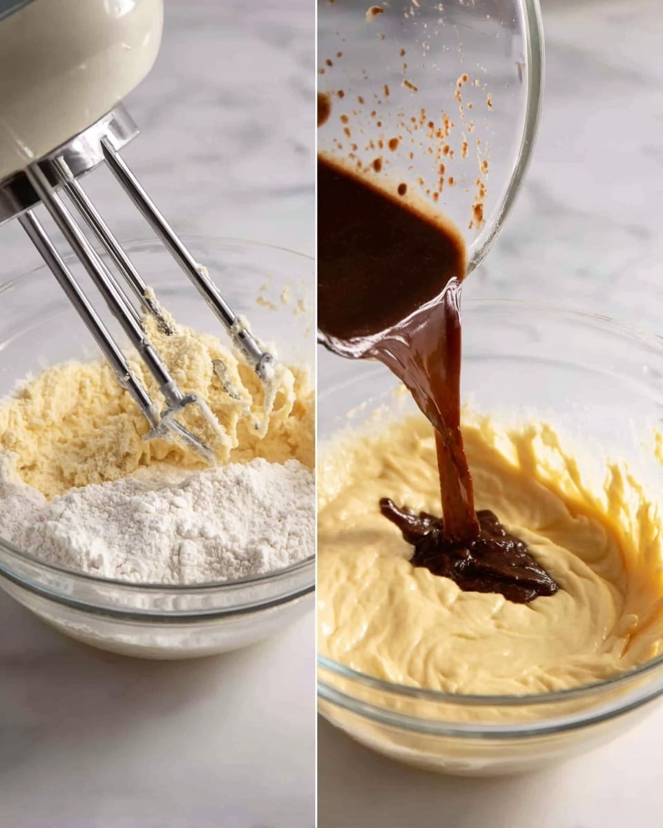 The image shows two clear glass bowls on a white marbled surface. The left bowl is filled with a pale yellow dough mixture with some white flour visible around the edges, being mixed with a metal electric mixer with two beaters. The right bowl contains a creamy yellow batter, with a dark brown liquid being poured into it from above, splashing slightly, and the beaters of the electric mixer are present in the bowl. A woman's hand is pouring the dark brown liquid into the bowl. photo taken with an iphone --ar 4:5 --v 7
