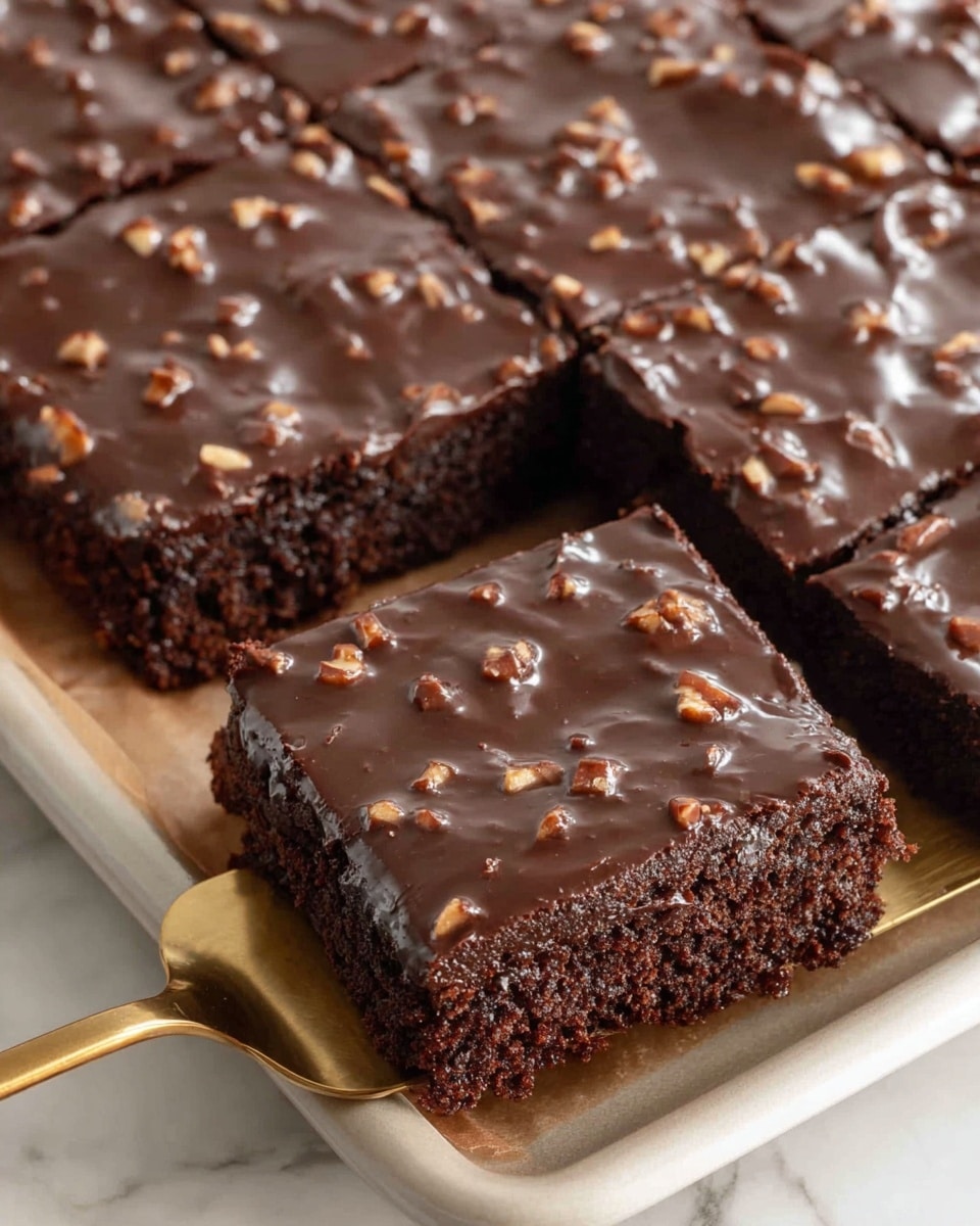 The image shows a tray of chocolate brownies with two visible layers; the bottom layer is a dense, dark brown cake with a soft texture, and the top layer is a thick, shiny chocolate glaze embedded with small chunks of nuts scattered evenly across the surface. One square piece is being lifted slightly by a gold-colored spatula, showing the glossy top and the moist interior of the brownie. The tray is placed on a white marbled surface, and the brownies appear moist with a slightly cracked top layer that highlights the rich chocolate texture. photo taken with an iphone --ar 4:5 --v 7