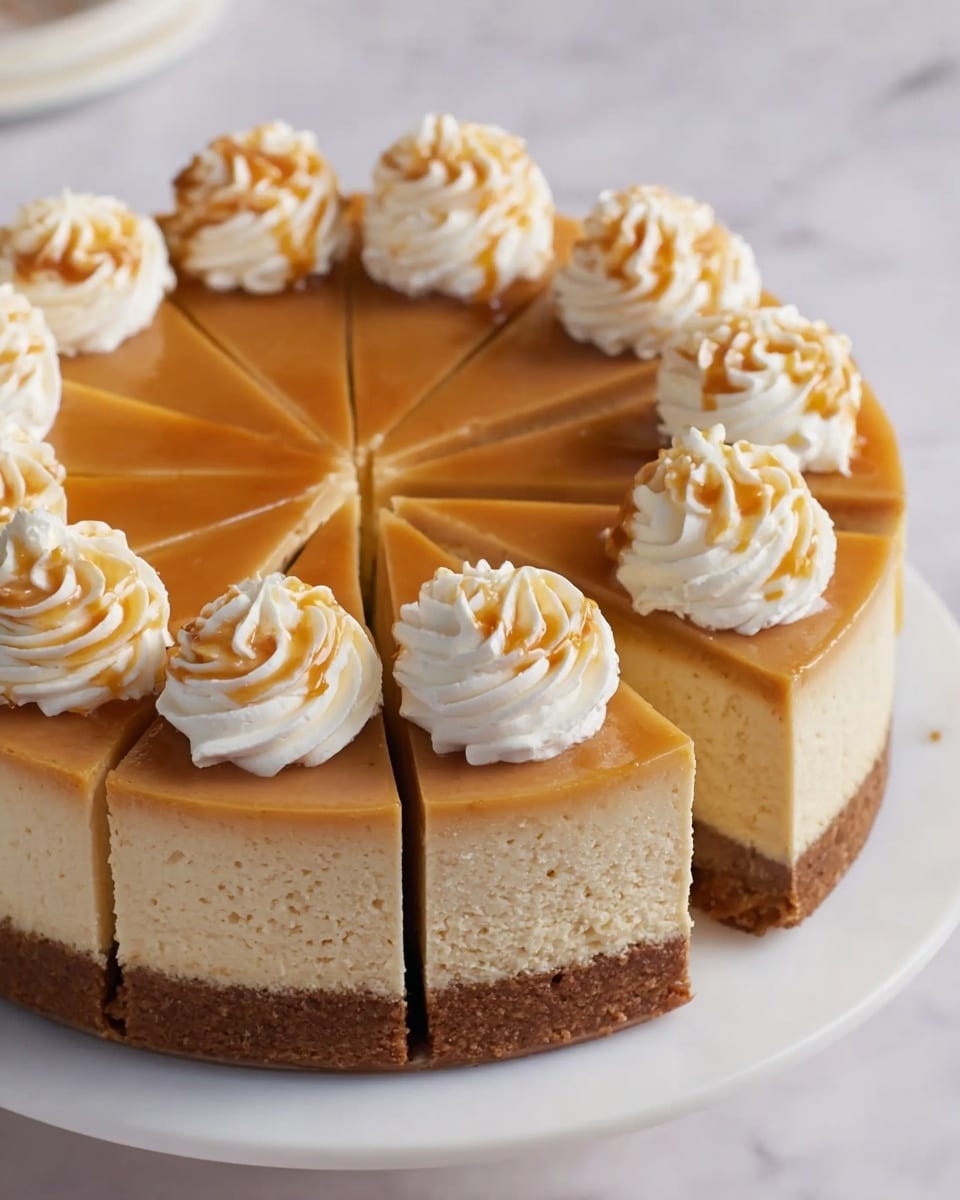 The image shows a round cheesecake with three clear layers: a thick brown crust at the bottom, a creamy beige middle layer of cheesecake, and a smooth caramel-colored top layer with a glossy finish that slightly drips down the sides. The top edge of the cheesecake is decorated with evenly spaced swirls of white whipped cream, each topped with a drizzle of caramel sauce. The cheesecake is sliced into portions showing the clean cuts, and it is placed on a round white plate with a white marbled texture background. photo taken with an iphone --ar 4:5 --v 7