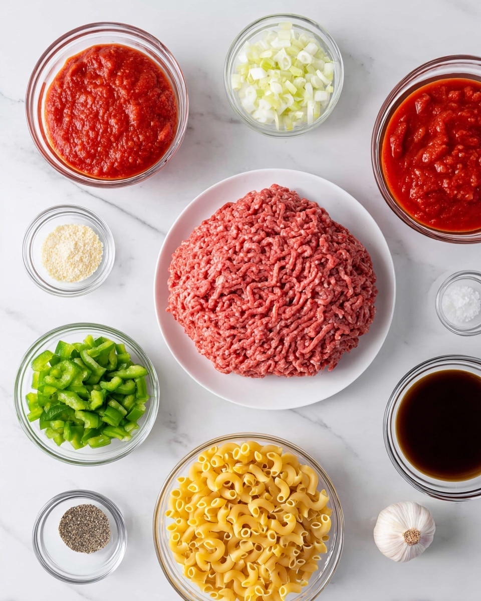 This image shows several clear glass bowls and one white plate on a white marbled surface. The white plate holds a large portion of raw ground beef, pinkish in color and textured with fine strands. Around the plate are bowls with different ingredients: one bowl has bright red crushed tomatoes, another has a similar red sauce but smoother, and a small bowl filled with red tomato paste. There is a bowl with yellow uncooked elbow macaroni pasta, another with green chopped bell peppers, and a bowl of finely chopped white onions. A small clear bowl contains grated pale yellow cheese, and two tiny bowls hold salt and black pepper. Near the center is a single clove of garlic and a small bowl of dark brown liquid, likely soy sauce or Worcestershire sauce. The arrangement is neat and evenly spaced. Photo taken with an iphone --ar 4:5 --v 7