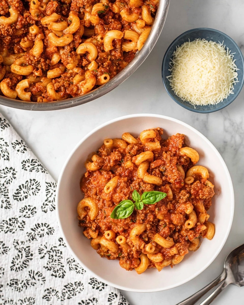 The image shows a white bowl filled with a hearty pasta dish, with one layer of elbow macaroni pasta mixed with a thick layer of chunky, reddish-brown meat sauce made of ground meat and tomato sauce, garnished on top with a small few green basil leaves. Above the bowl, there is a stainless steel pan holding more of the same pasta and sauce mixture, showing the elbow macaroni and meat sauce inside. To the right of the bowl, a small blue bowl is filled with dry, fine grated cheese. The background is a white marbled surface with a white cloth featuring black floral patterns placed next to the bowl, and a small part of a metallic spoon is visible on the bottom right. photo taken with an iphone --ar 4:5 --v 7