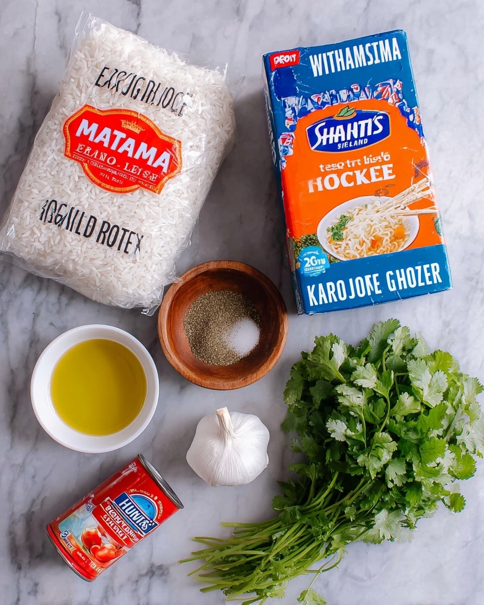 The image shows ingredients for a rice dish arranged on a white marbled surface. At the top left, there is a large clear plastic bag of Mahatma extra long enriched rice with red and blue text. To the right of the rice is a carton of Swanson chicken broth in blue, white, and orange colors, with an image of noodles on the front. Below the broth is a small round wooden bowl holding a mix of kosher salt and cumin spices. In the center, a small white bowl contains light yellow vegetable oil. To the left of the oil, there is a bunch of fresh green cilantro with leafy stems. Near the bottom center, a whole bulb of garlic with white papery skin rests on the surface. Next to the oil and garlic, a small red can of Hunt’s tomato sauce is visible. Each ingredient is labeled with clear text in white and dark blue boxes. The image has a bright, clean look with natural lighting. Photo taken with an iphone --ar 4:5 --v 7