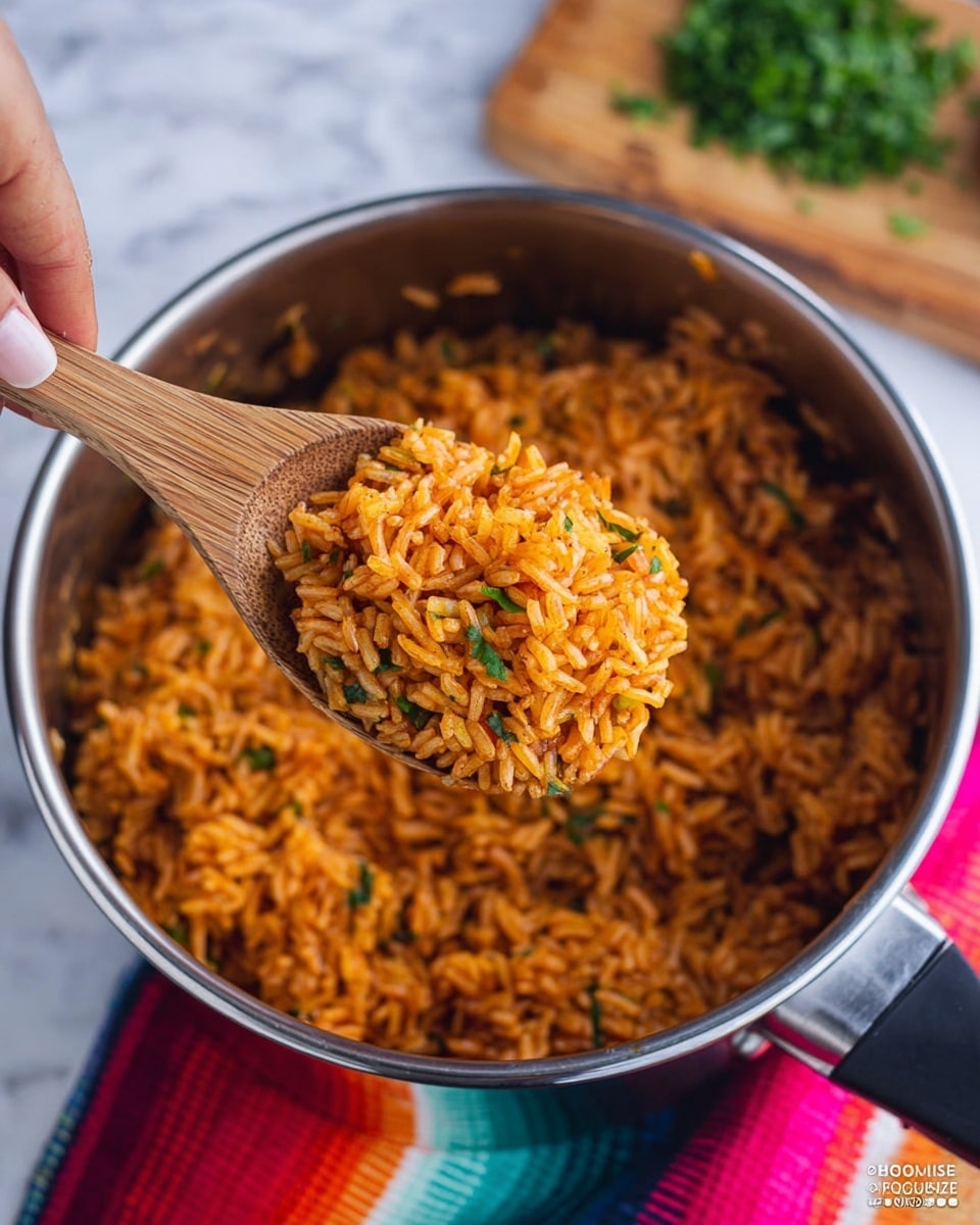 A close-up image of a pot filled with orange-red cooked rice mixed with small green herbs scattered throughout. A woman's hand is holding a wooden spoon scoop filled with the same rice, showing the grains clearly, with a slightly shiny texture. The pot is silver and set on a colorful striped cloth, with a blurred wooden board holding more chopped green herbs in the background, all on a white marbled surface. photo taken with an iphone --ar 4:5 --v 7